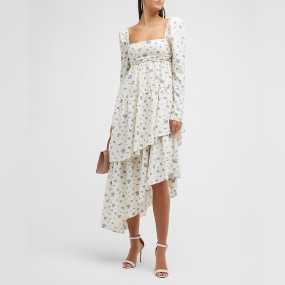 We-Wore-What Floral Asymmetrical Puff-Sleeve Tiered Dress